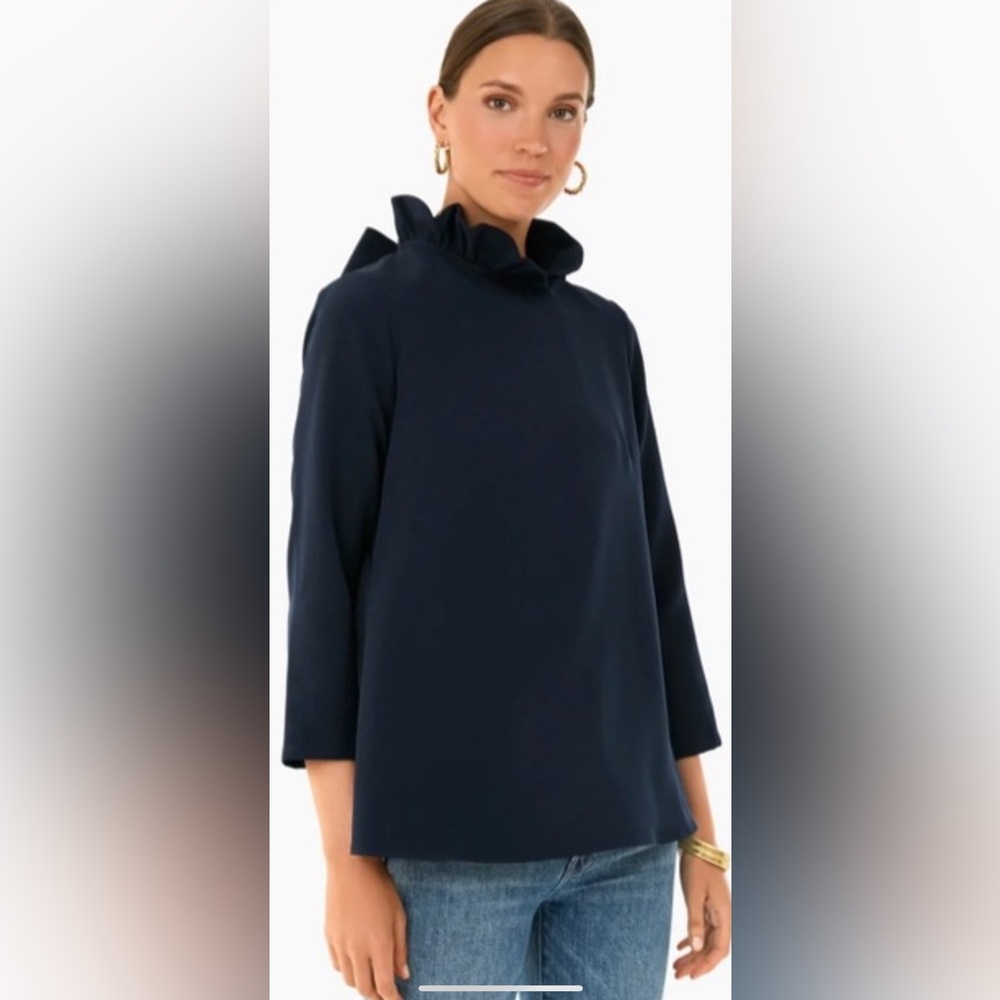 Tuckernuck Pomander Place Faye navy blouse.  Ruffle neck.  3/4 sleeve.
